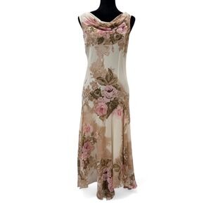 Y2K Newport News Cream Floral Cottage Fairy Cowl Maxi Asymmetrical Dress Women 6